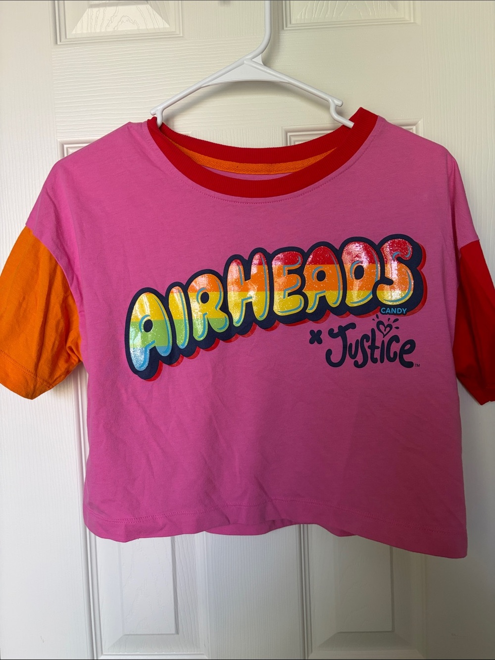 Justice Pink Crop Tee with Colorful Airheads Graphic